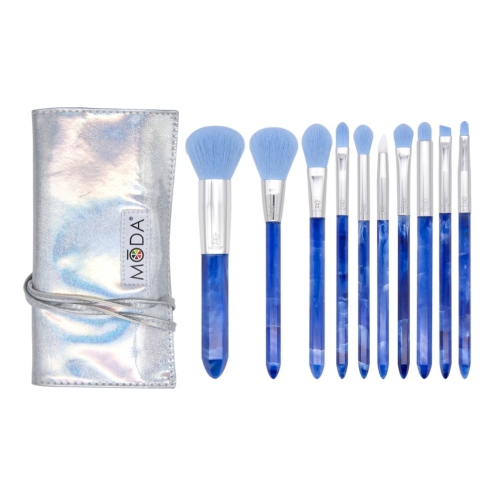 Moda Blue Brush Set Of 10 Brushes with Silver Pouch NWT Sealed